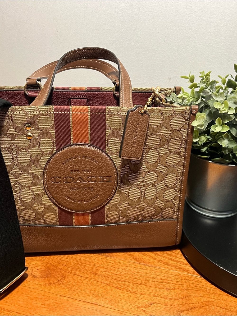 Coach Signature Canvas Tote with Brown and Burgundy Stripes